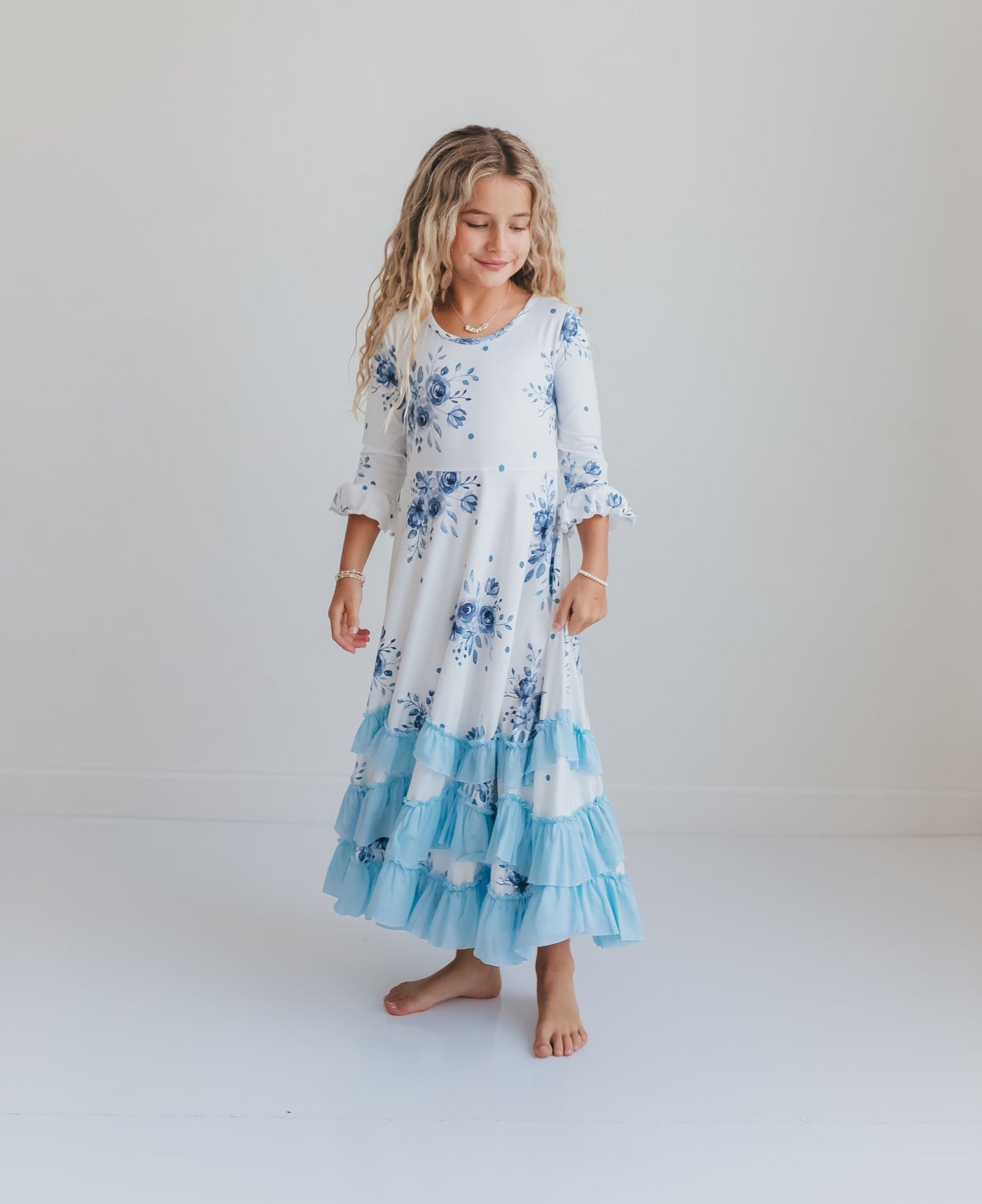Dusty Blue Floral Ruffles Dress - Abbies Place