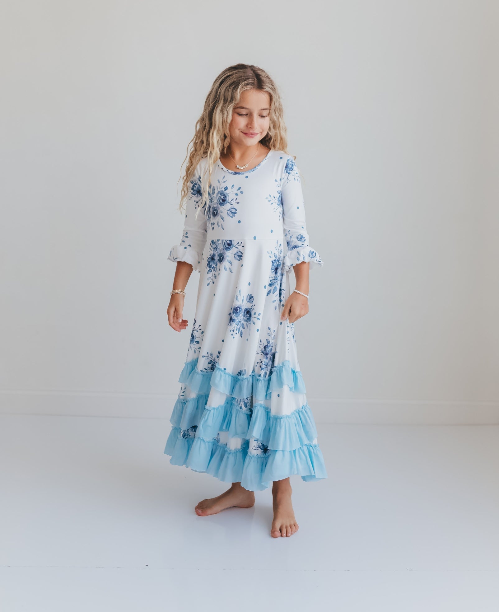 Dusty Blue Floral Ruffles Dress - Abbies Place