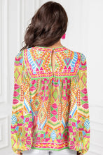 Load image into Gallery viewer, Orange Geometric Print Long Sleeve Keyhole Back Blouse - Image #2
