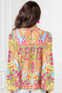 Orange Geometric Print Long Sleeve Keyhole Back Blouse - Image #2