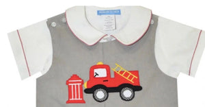 Firetruck Applique Gray Corduroy Boys Shortall And Shirt - Image #2