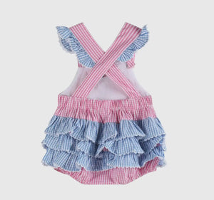 Pink and Blue Bunny Face Ruffle Romper - Image #2