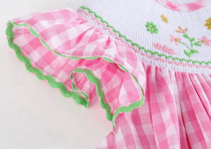 Pink Gingham Flower Smocked Bishop Dress - Image #4