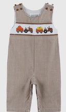 Load image into Gallery viewer, Preorder ETA 7/15-8/15-Brown Gingham Pumpkin and Corn Tractor Smocked Overalls - Image #1
