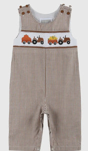 Preorder ETA 7/15-8/15-Brown Gingham Pumpkin and Corn Tractor Smocked Overalls - Image #1