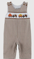 Preorder ETA 7/15-8/15-Brown Gingham Pumpkin and Corn Tractor Smocked Overalls - Image #1