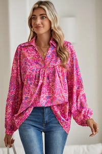 Bonbon Abstract Print Loose Fit Collared V Neck Babydoll Blouse - Image #6