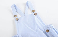 Load image into Gallery viewer, Light Blue Pinstripe Wooden Button Romper - Image #4
