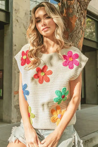 Crochet Flower Embroidery Knit Top - Image #2