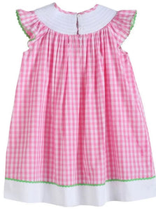 Pink Gingham Flower Smocked Bishop Dress - Image #3