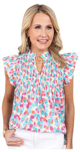 Women Shirred Yoke Ruffled Abstract Printed Blouse - Image #1