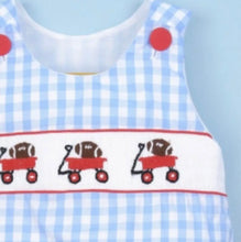 Load image into Gallery viewer, Smocked Football and Wagon Blue Check Boy Bubble Romper - Image #3
