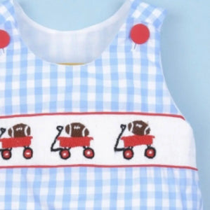 Smocked Football and Wagon Blue Check Boy Bubble Romper - Image #3