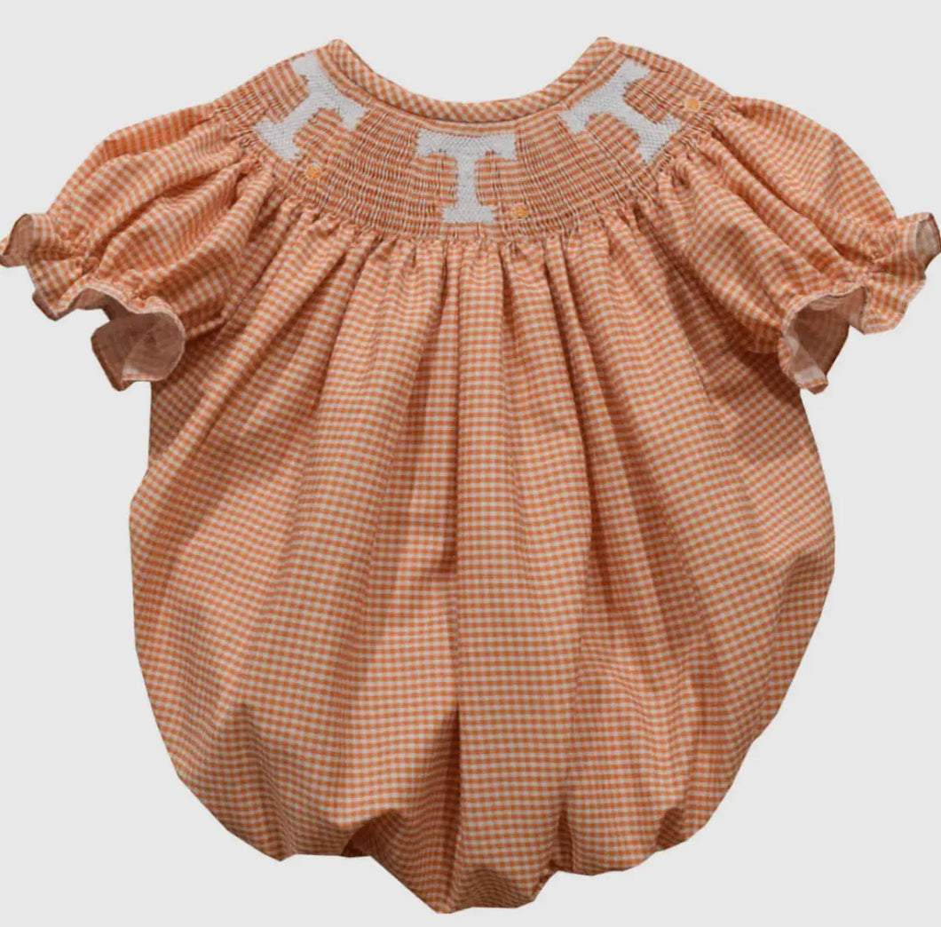 Ready to ship-Tennessee Vols Smocked Orange Gingham Girls Bubble - Image #1