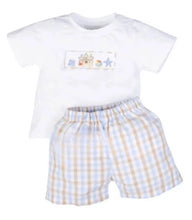 Load image into Gallery viewer, Sandy Castle Smocked Boy Short Set-size chart attached with pictures - Image #1
