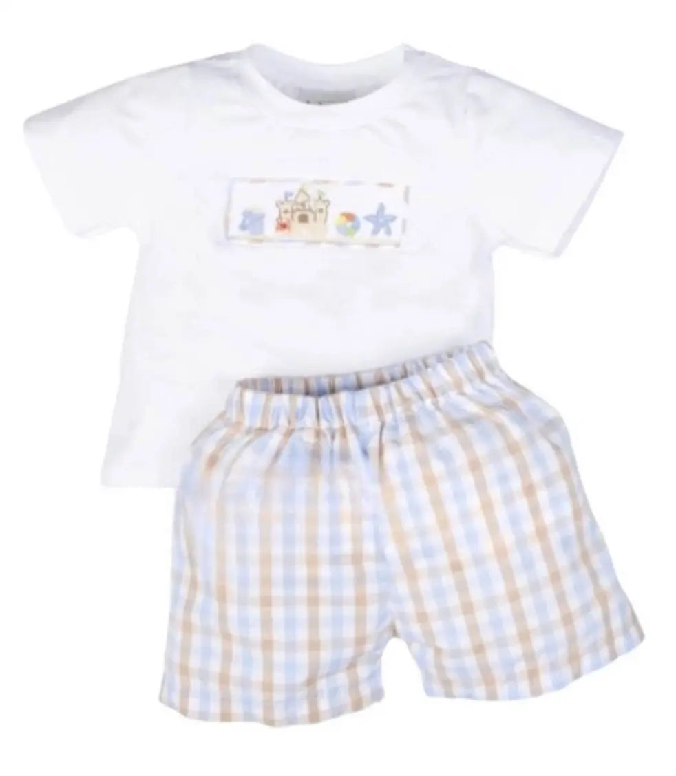 Sandy Castle Smocked Boy Short Set-size chart attached with pictures - Image #1