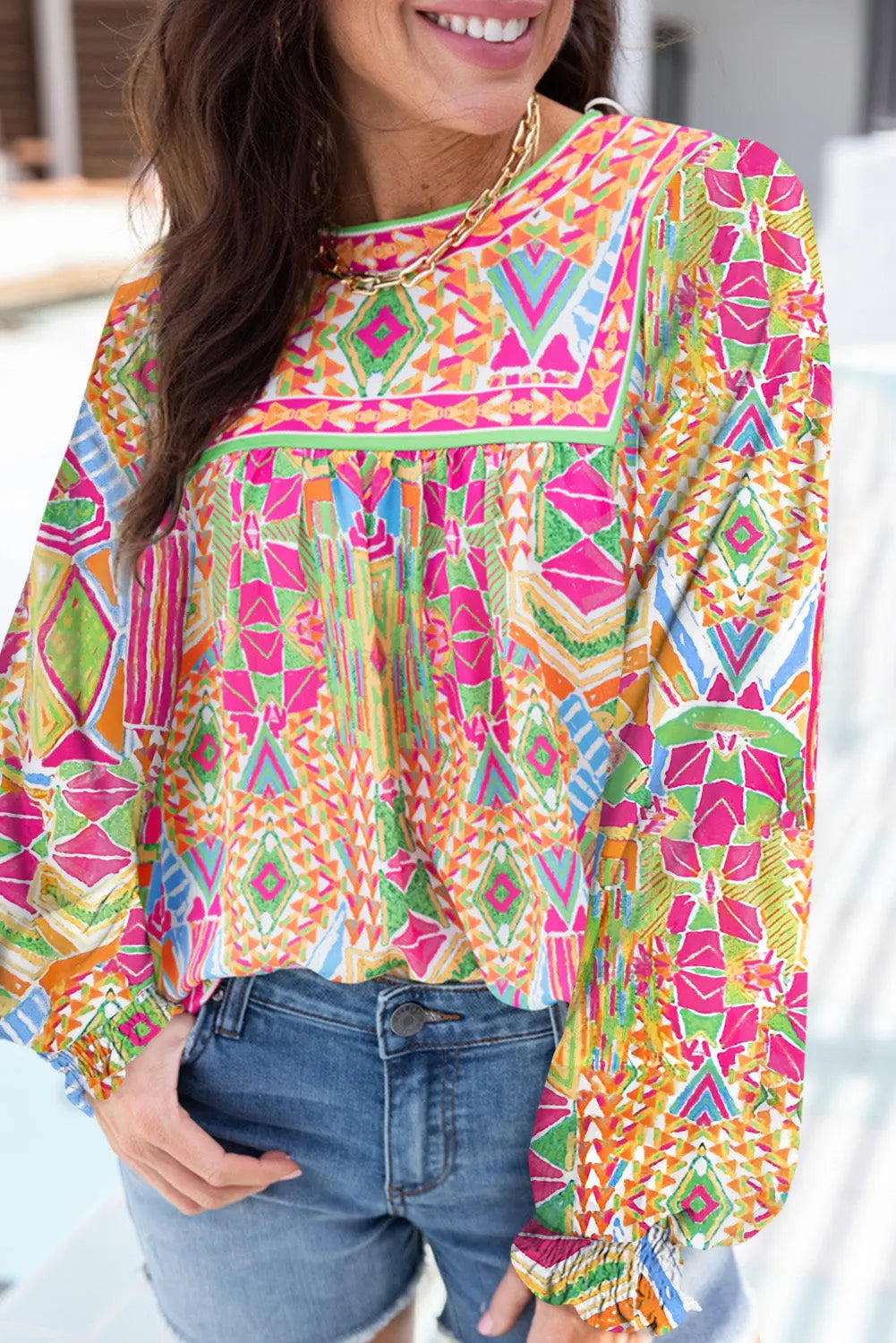 Orange Geometric Print Long Sleeve Keyhole Back Blouse - Image #1