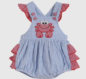 Blue Gingham Crab Ruffle Romper - Image #1