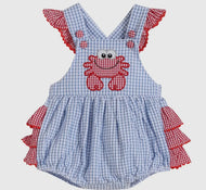 Blue Gingham Crab Ruffle Romper - Image #1