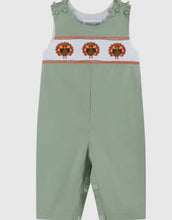 Load image into Gallery viewer, Preorder ETA 7/15-8/15-Sage Green Turkey Smocked Overalls - Image #1
