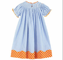 Load image into Gallery viewer, Blue And Orange Stripe Turkey Smocked Bishop Dress - Image #2
