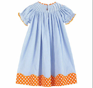 Blue And Orange Stripe Turkey Smocked Bishop Dress - Image #2