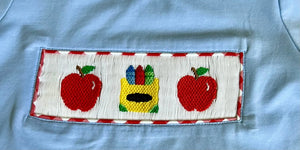 Ready to ship-Back To School Crayons And Apples Hand Smocked Gingham Boys Short Set - Image #2