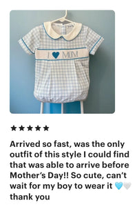 I Love Mom Light Blue Gingham Hand Smocked Boy Bubble - Image #3