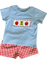 Load image into Gallery viewer, Back To School Crayons And Apples Hand Smocked Gingham Boys Short Set - Image #6
