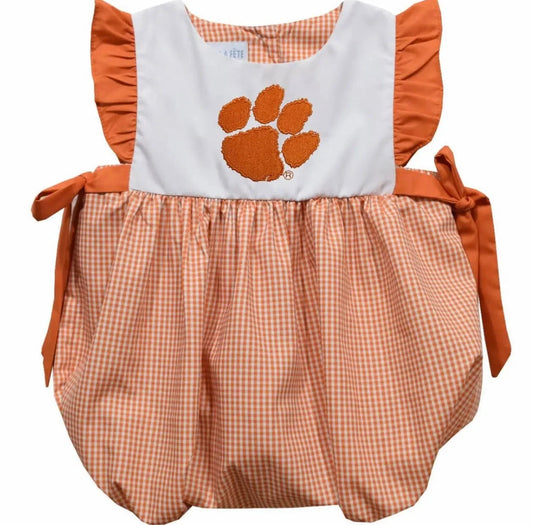 Clemson Tigers Embroidered
Orange Gingham Girls Bubble - Abbies Place