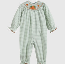 Load image into Gallery viewer, Sage Green Gingham Smocked Pumpkin Playsuit - Image #1
