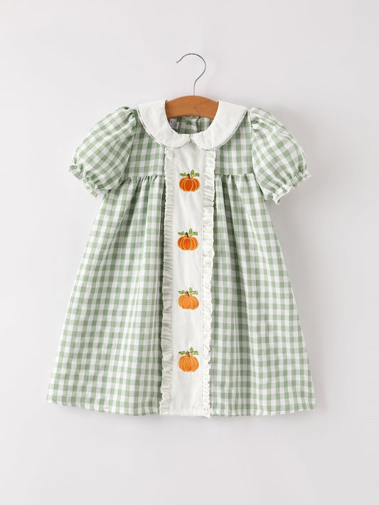 Fall Halloween & Thanksgiving Pumpkin Applique Plaid Green Girls Dress - Abbies Place