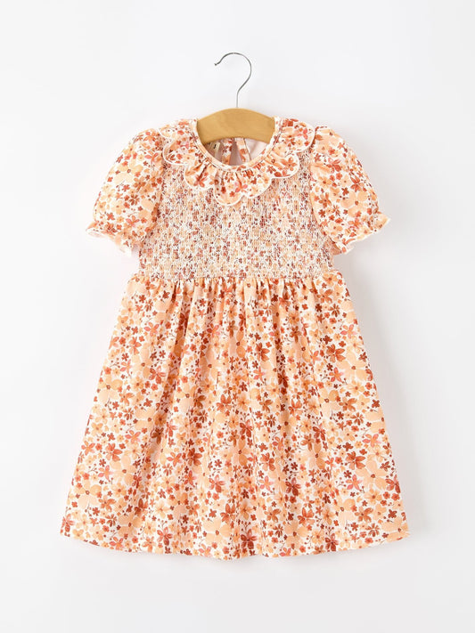 Fall Rust Floral Baby Girls Dress Smocked Petal Collar - Abbies Place