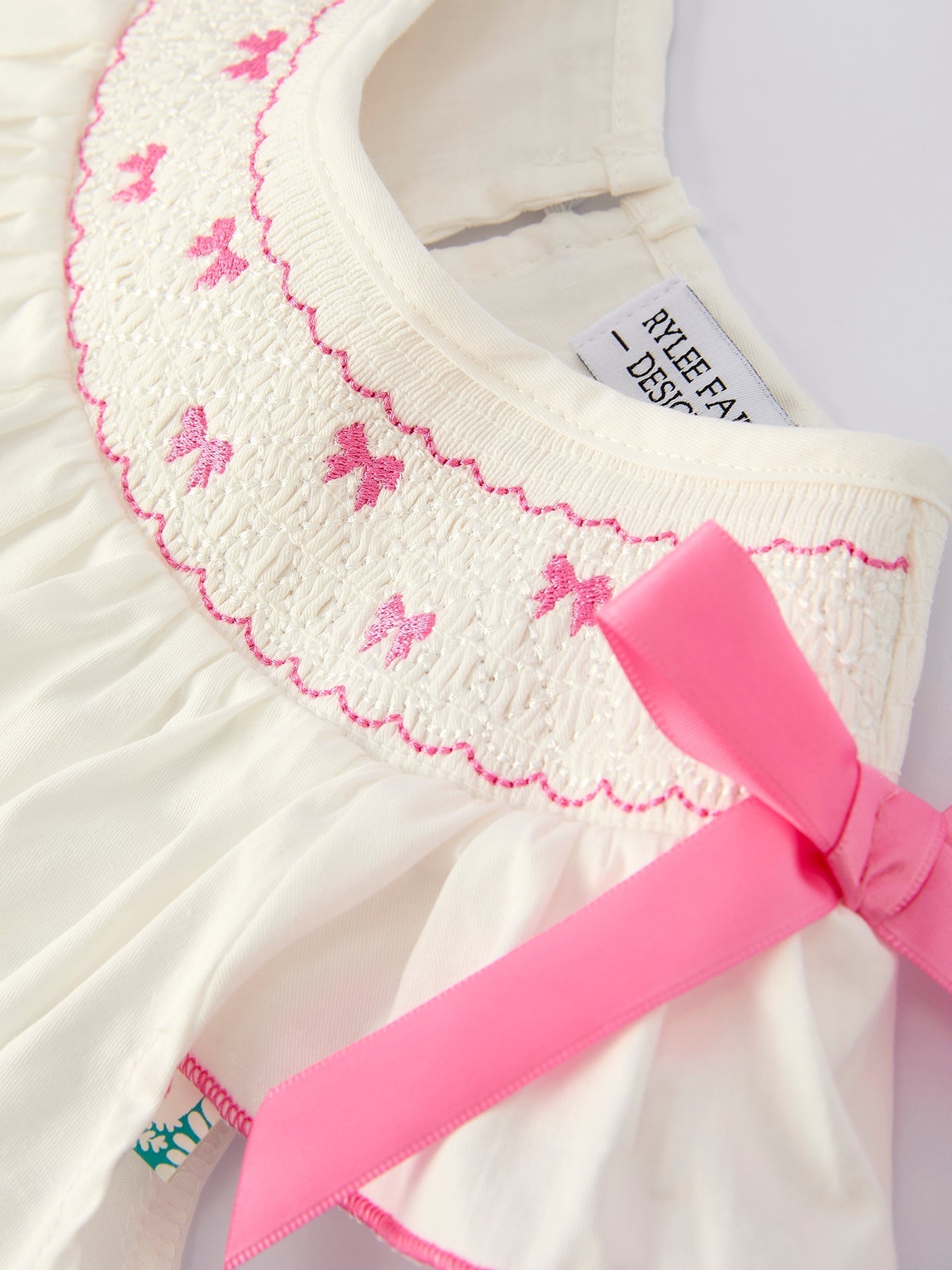 Fall White Girls Dress with Pink Bow Embroidery - Abbies Place