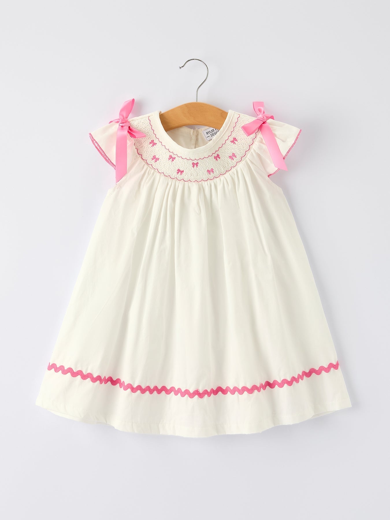 Fall White Girls Dress with Pink Bow Embroidery - Abbies Place