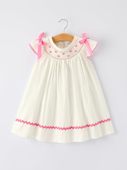 Fall White Girls Dress with Pink Bow Embroidery - Abbies Place