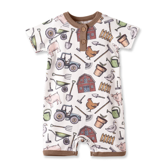 Farmer's Market Baby Boy Shortall Romper–Soft Bamboo - Abbies Place