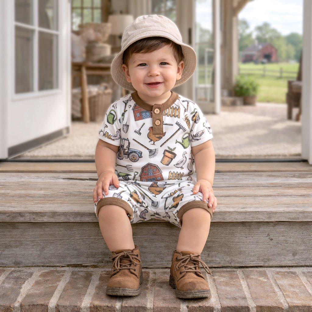 Farmer's Market Baby Boy Shortall Romper–Soft Bamboo - Abbies Place