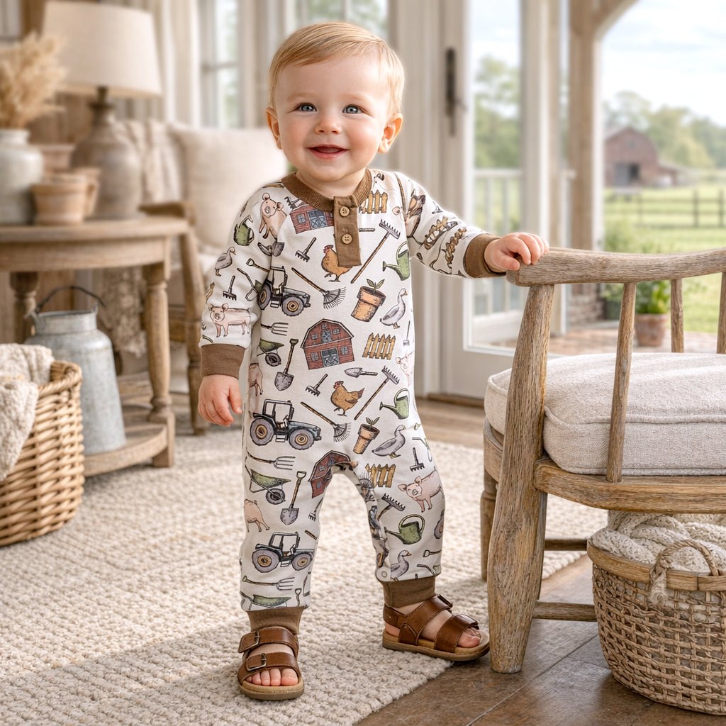 Farmer's Market Baby Henley Romper - Bamboo One Piece - Abbies Place