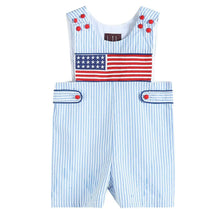 Load image into Gallery viewer, Light Blue Striped Americana Smocked Baby Shortalls - Image #1
