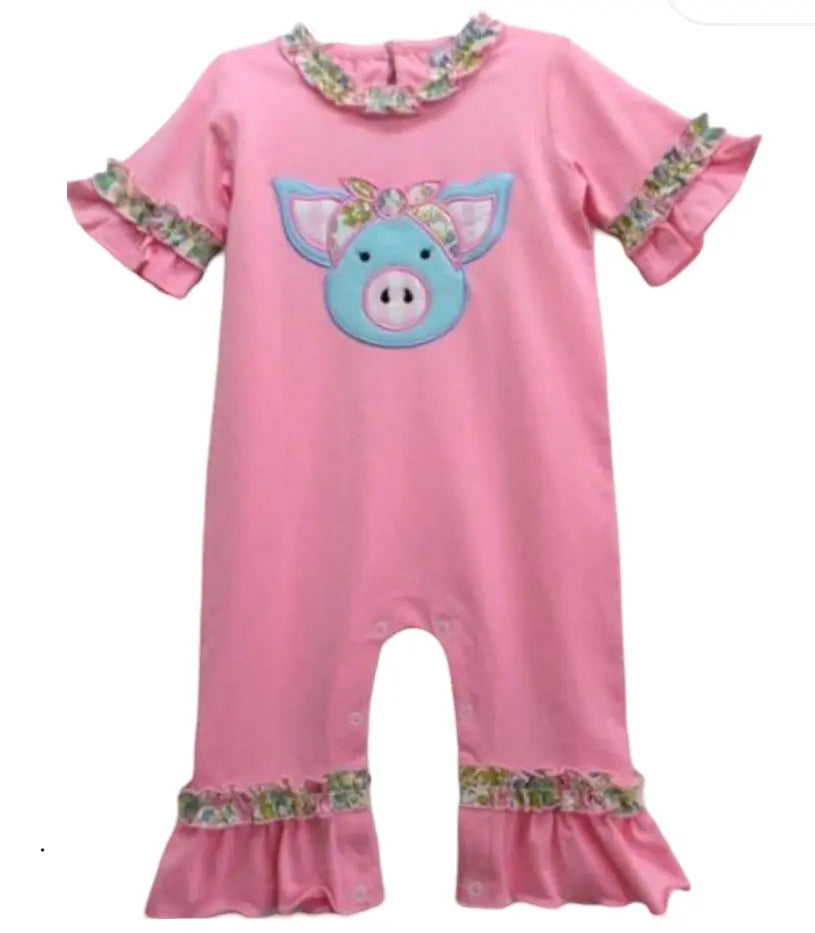 Three Sisters Polly Pig Applique Girl Romper - Image #1