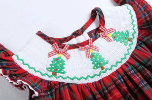 Red and Green Plaid Christmas Tree Smocked Bishop Dress - Image #2