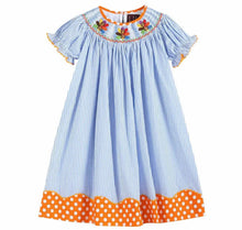 Load image into Gallery viewer, Blue And Orange Stripe Turkey Smocked Bishop Dress - Image #1
