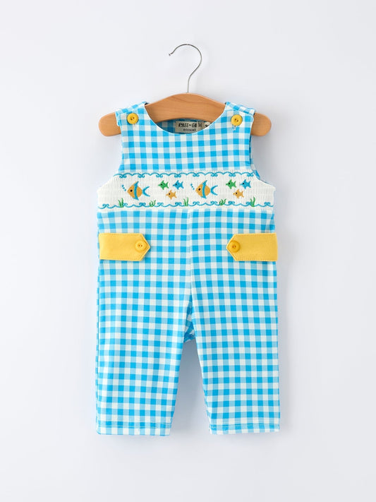 Fish Embroidery Smocking Plaid Baby Boy Romper - Abbies Place