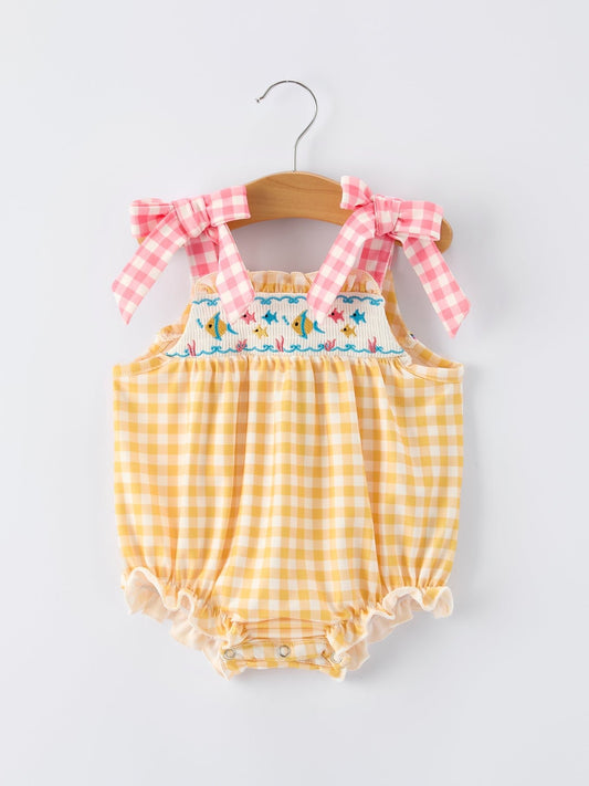 Fish Embroidery Smocking Plaid Baby Girl Romper - Abbies Place