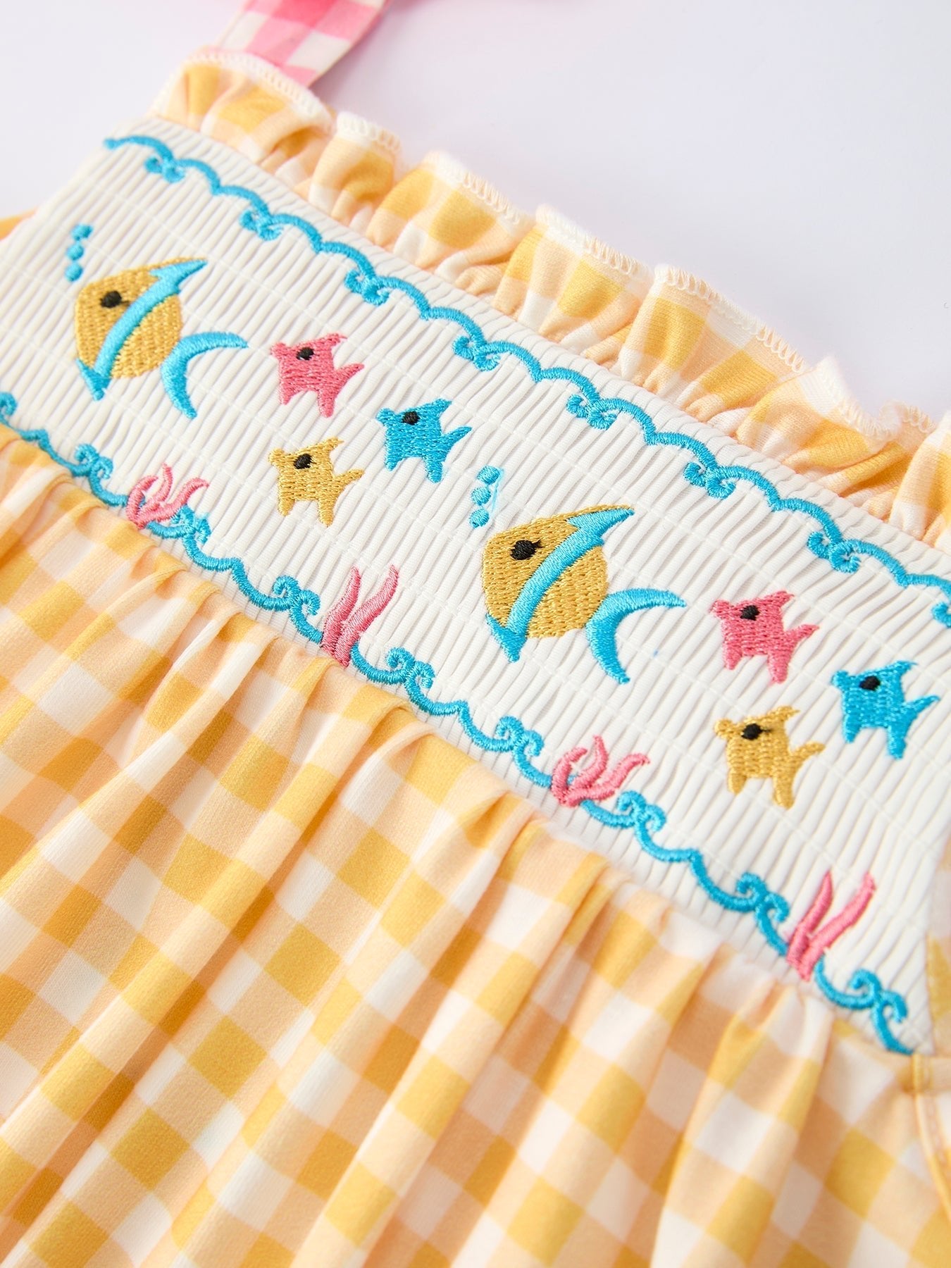 Fish Embroidery Smocking Plaid Girls' Dress - Abbies Place