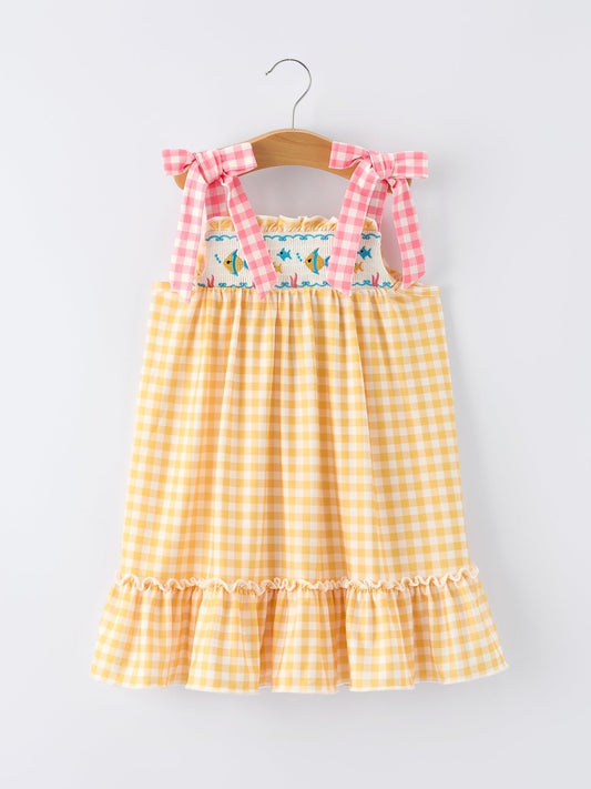 Fish Embroidery Smocking Plaid Girls' Dress - Abbies Place