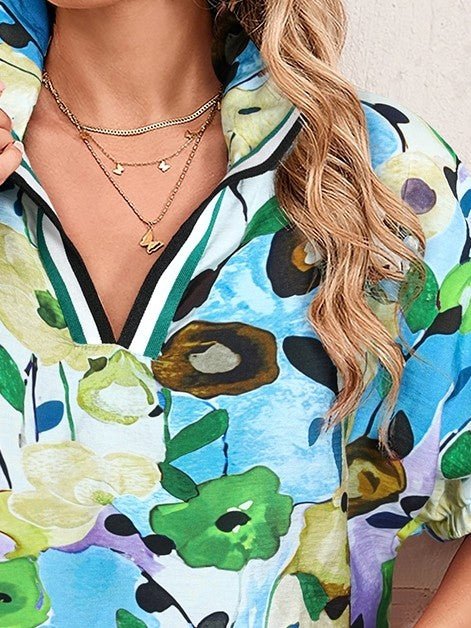 Floral Boho Shirred Bubble Viscose Stripe Blouse - Abbies Place