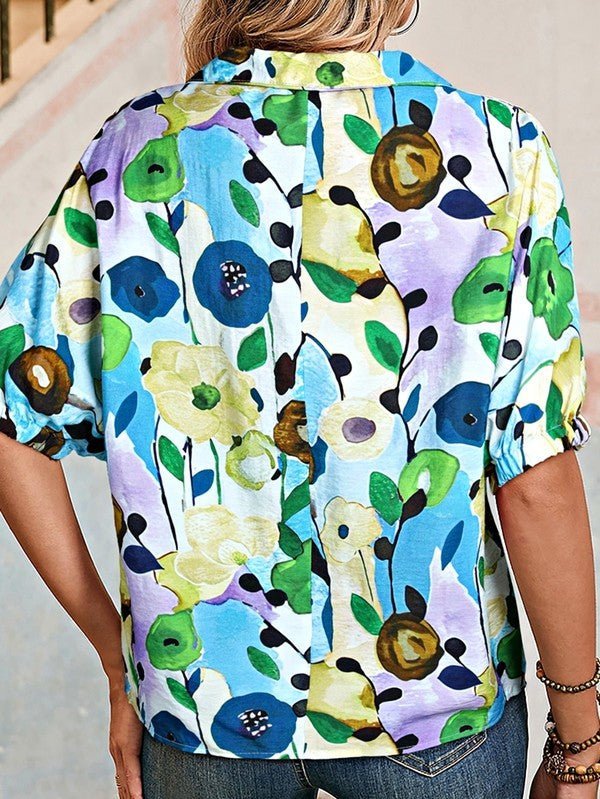 Floral Boho Shirred Bubble Viscose Stripe Blouse - Abbies Place