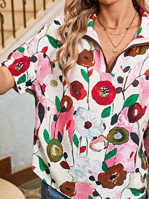 Floral Boho Shirred Bubble Viscose Stripe Blouse - Abbies Place